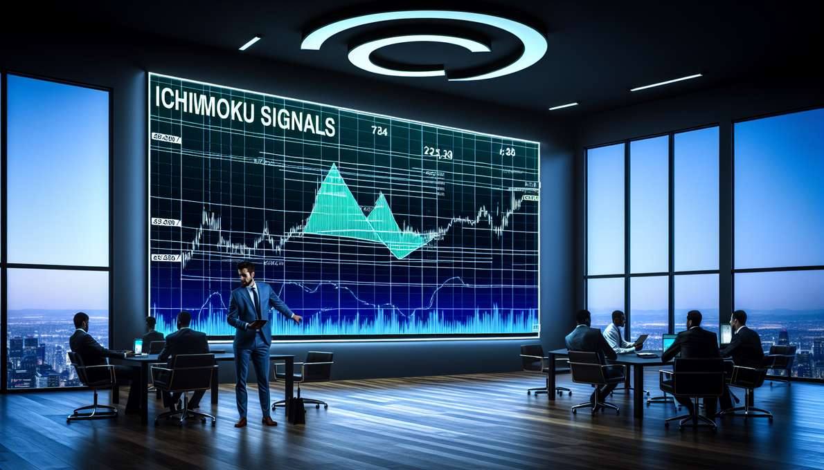 Hình ảnh một nhà giao dịch đang phân tích biểu đồ Ichimoku với các tín hiệu mua/bán rõ ràng.