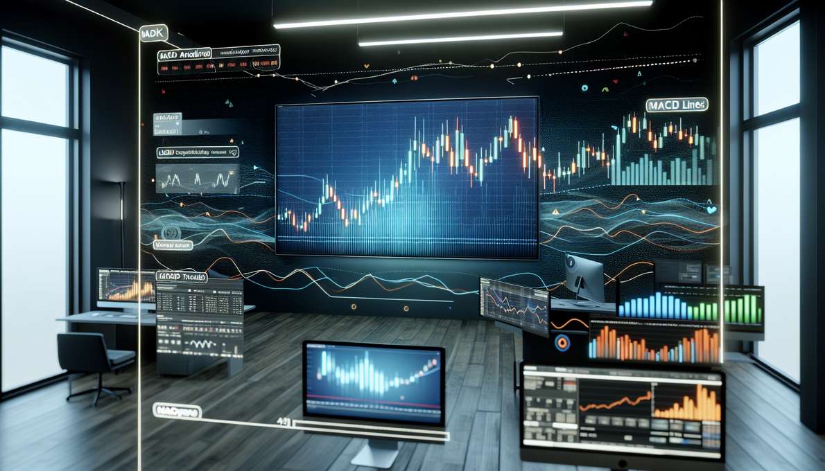 Hình ảnh minh họa biểu đồ MACD và các chỉ báo kỹ thuật phân tích thị trường hàng hóa phái sinh, với các đường MACD, Signal, và histogram hiển thị rõ ràng, cùng với các yếu tố như bối cảnh văn phòng giao dịch, người giao dịch đang theo dõi biểu đồ
