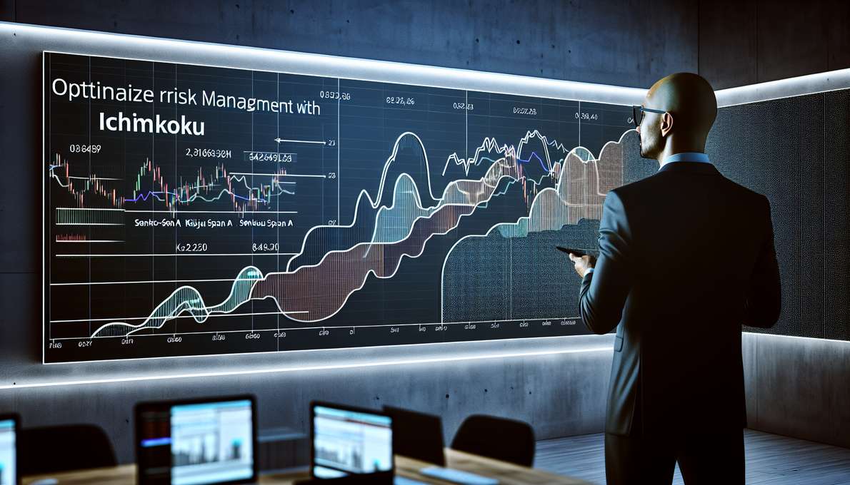 An illustration showing a trader analyzing a chart with Ichimoku Cloud indicators, managing risk, and optimizing trades. The chart displays price action, Tenkan-sen, Kijun-sen, Senkou Span A, Senkou Span B, and Chikou Span. A text overlay reads 'Optimize Risk Management with Ichimoku'.