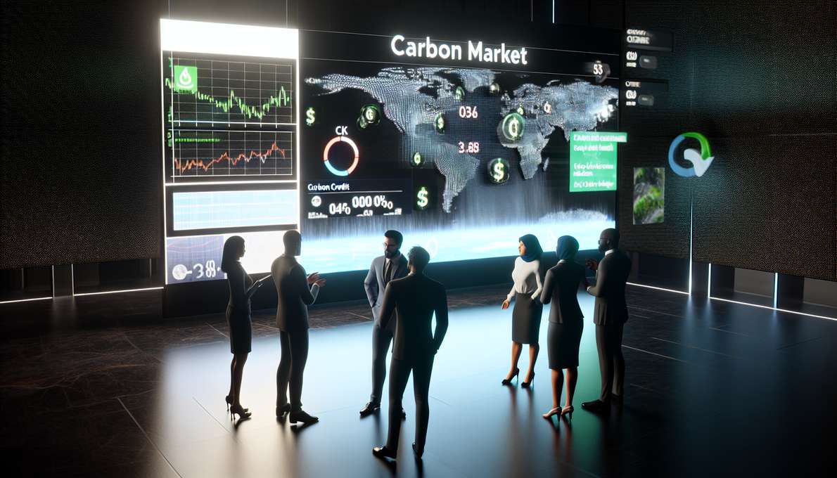 Hình ảnh minh họa thị trường carbon toàn cầu với biểu đồ tăng trưởng, nhà đầu tư, và dòng tiền.