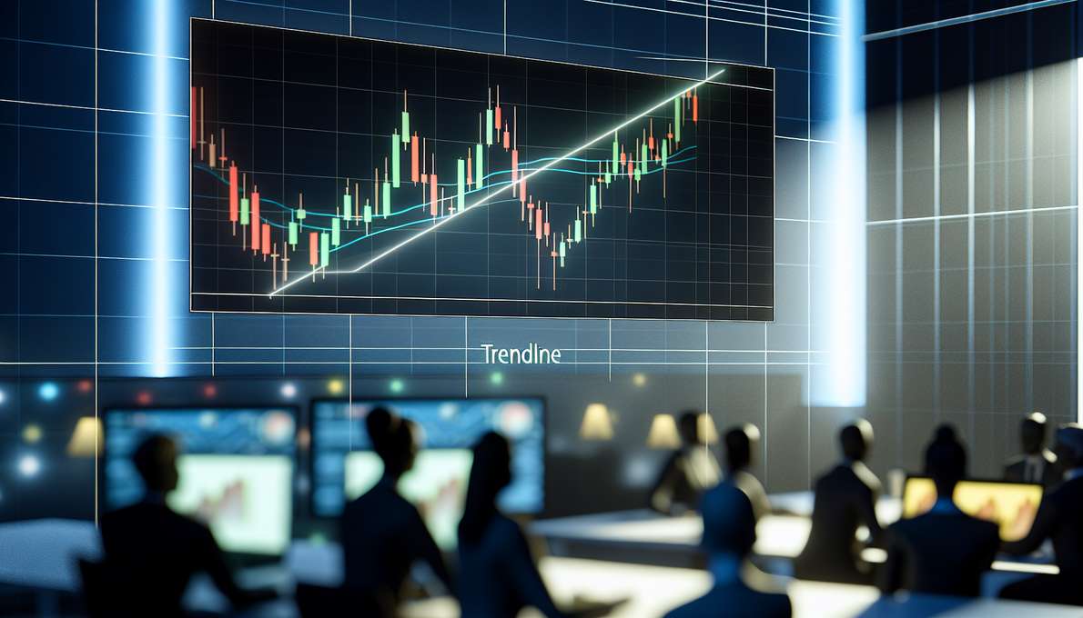 Một biểu đồ phân tích kỹ thuật thể hiện đường trendline đang được vẽ, với các điểm dữ liệu được đánh dấu và các công cụ phân tích.